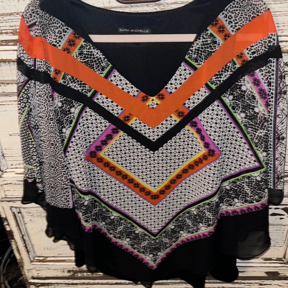 Sara Michelle Black, Orange & Purple Geometric V-Neck Blouse